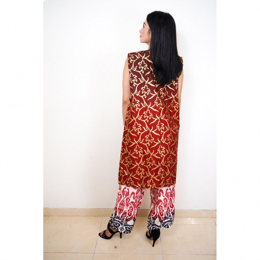 GESYAL Setelan Tunik Panjang Motif Batik Bali Vest Outer Celana Kulot Bali Wanita Gradasi - Merah