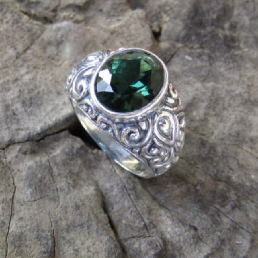 cincin perak motif ukiran bali patra batu green quartz 100323