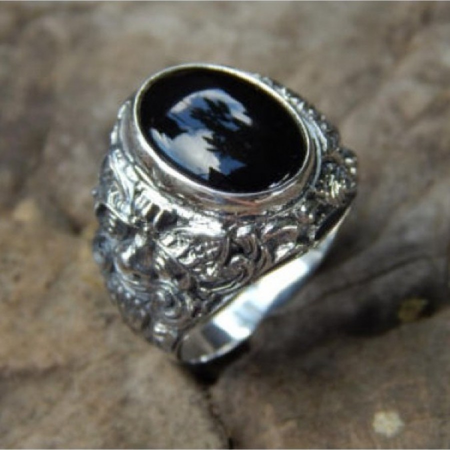 Cincin Perak Motif Rangda Batu Black Onyx 16273