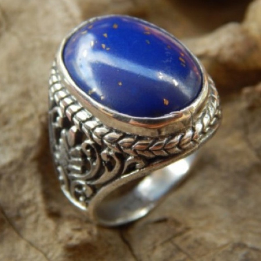 Cincin Perak Batu Lapiz Lazuli Motif Bun 15268