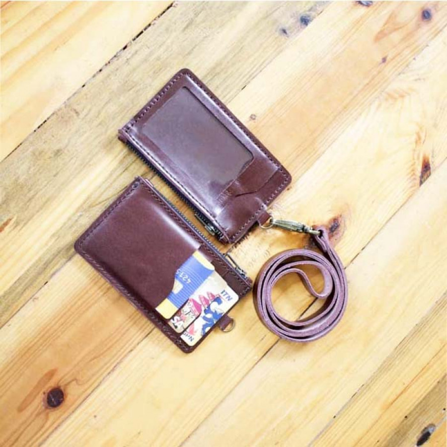 tempat id card kulit asli model dompet warna coklat - card holder. gantungan id card