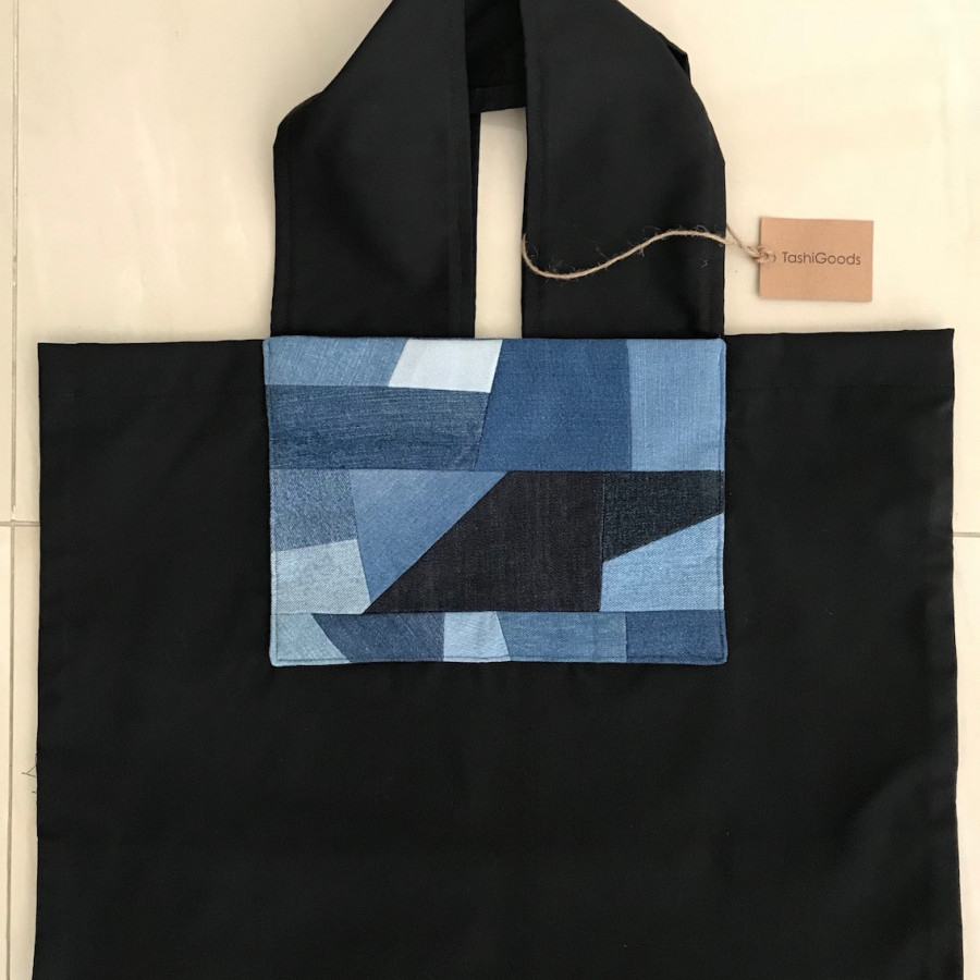 Large Foldable Tote Bag with denim patchwork pocket