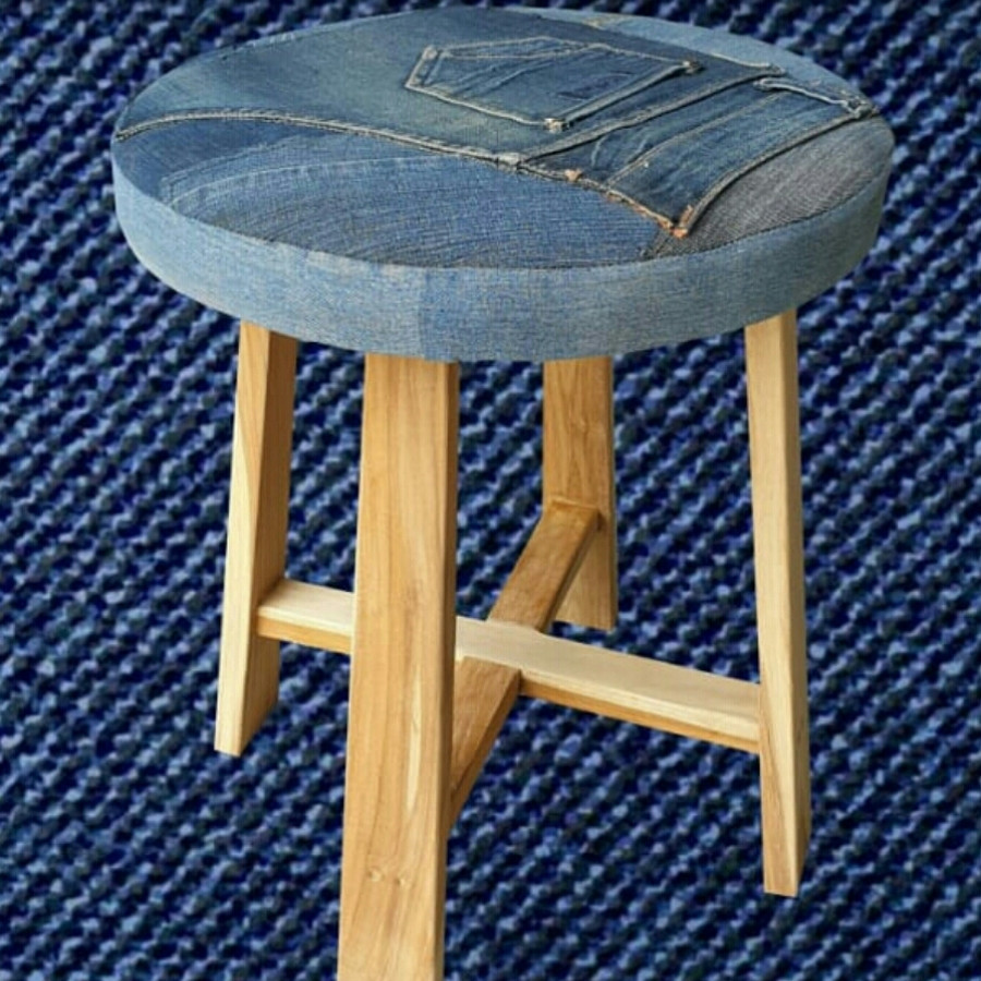 Denims Round Stool with Wooden Legs