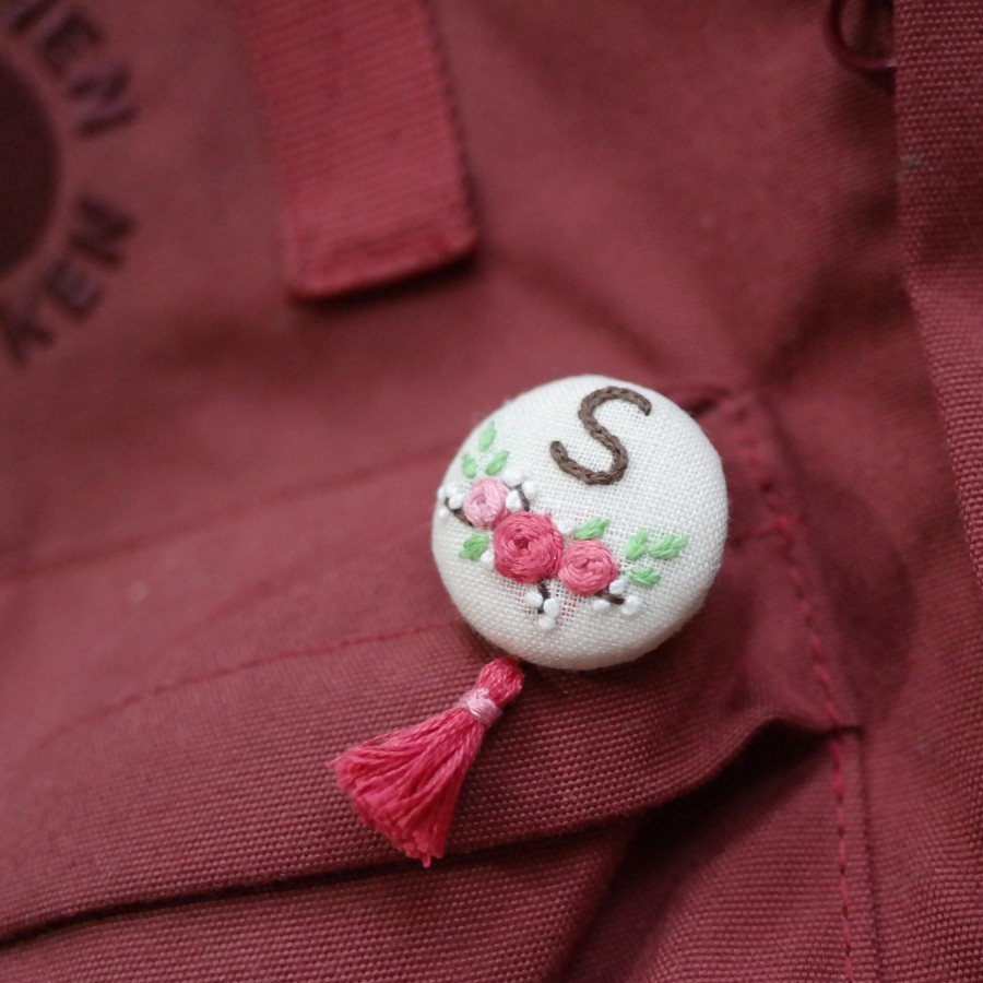 Initial Embroidery button brooch