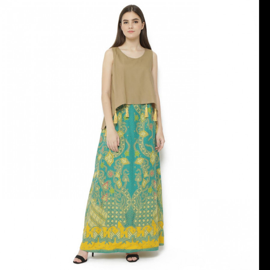 GESYAL Long maxi dress katun Tassel Batik Dress Wanita - Hijau