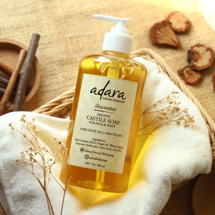 Adara Castile Soap For Face & Body - Unscented 500ml