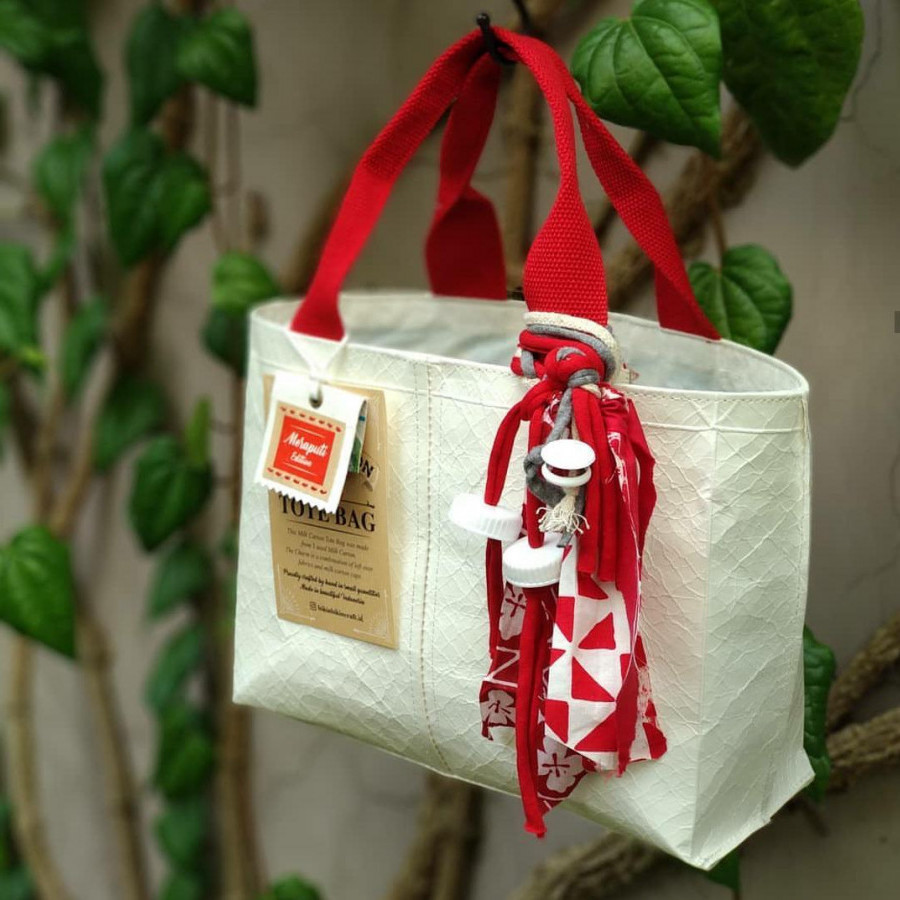 Milk Carton Tote Bag Small with Drawstring - Red
