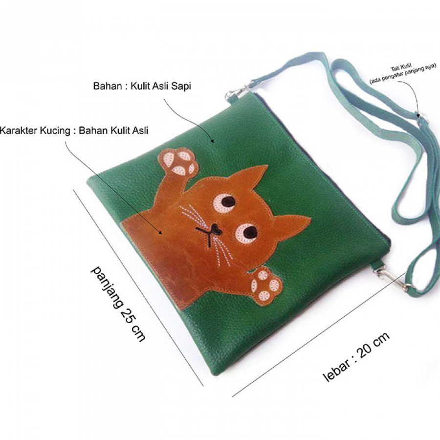 Clucth Handbag Kulit Asli Warna Hijau Karakter Kucing Garansi 1 Tahun