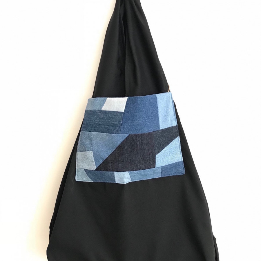 Large Foldable Tote Bag with denim patchwork pocket