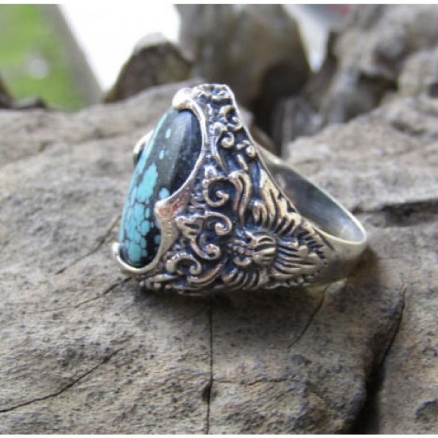 Cincin perak motif ukiran patra bali batu turquoise 100339