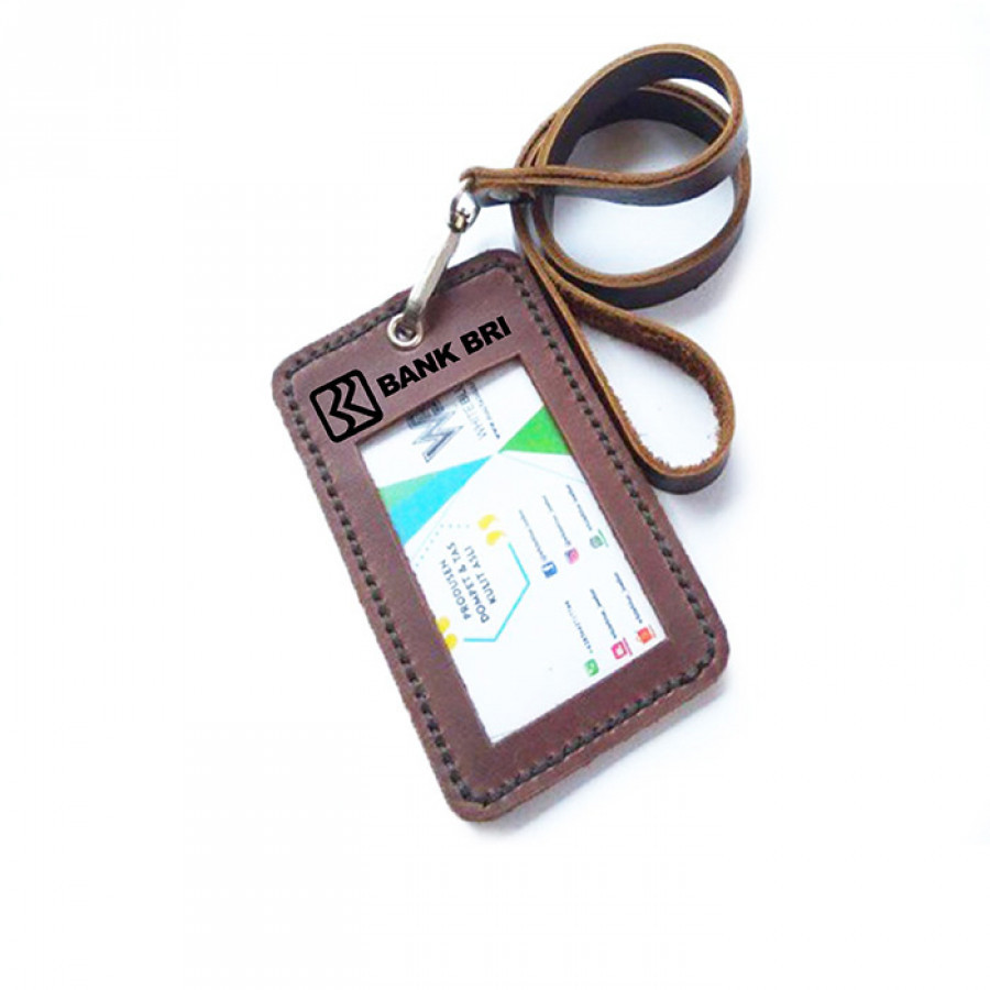 name tag id kulit asli logo Bank BRI warna coklat - tali id card. gantungan id card -