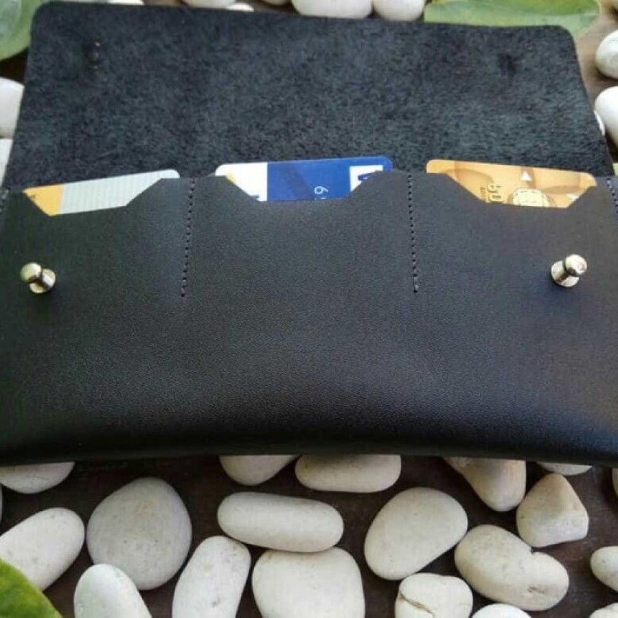 Dompet Panjang Kulit Asli Unisex Handmade Model Bifold Warna Hitam