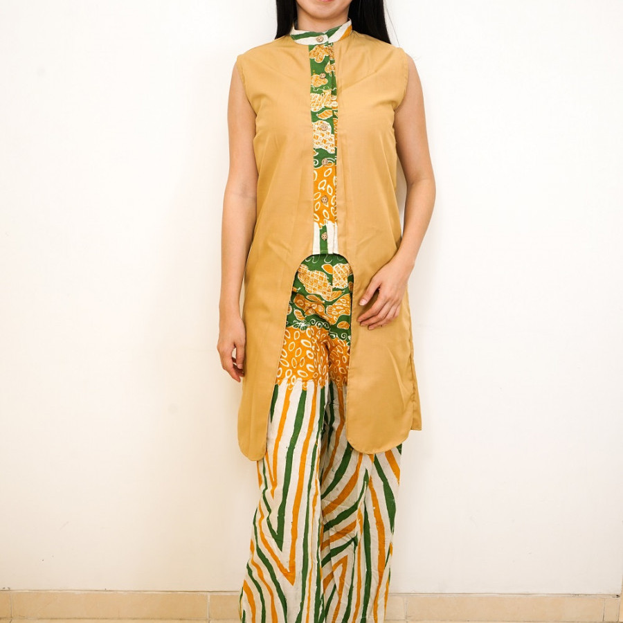 GESYAL Crop Bawah Kulot Batik Tunik Setelan Pakaian Wanita - Mustard Hijau