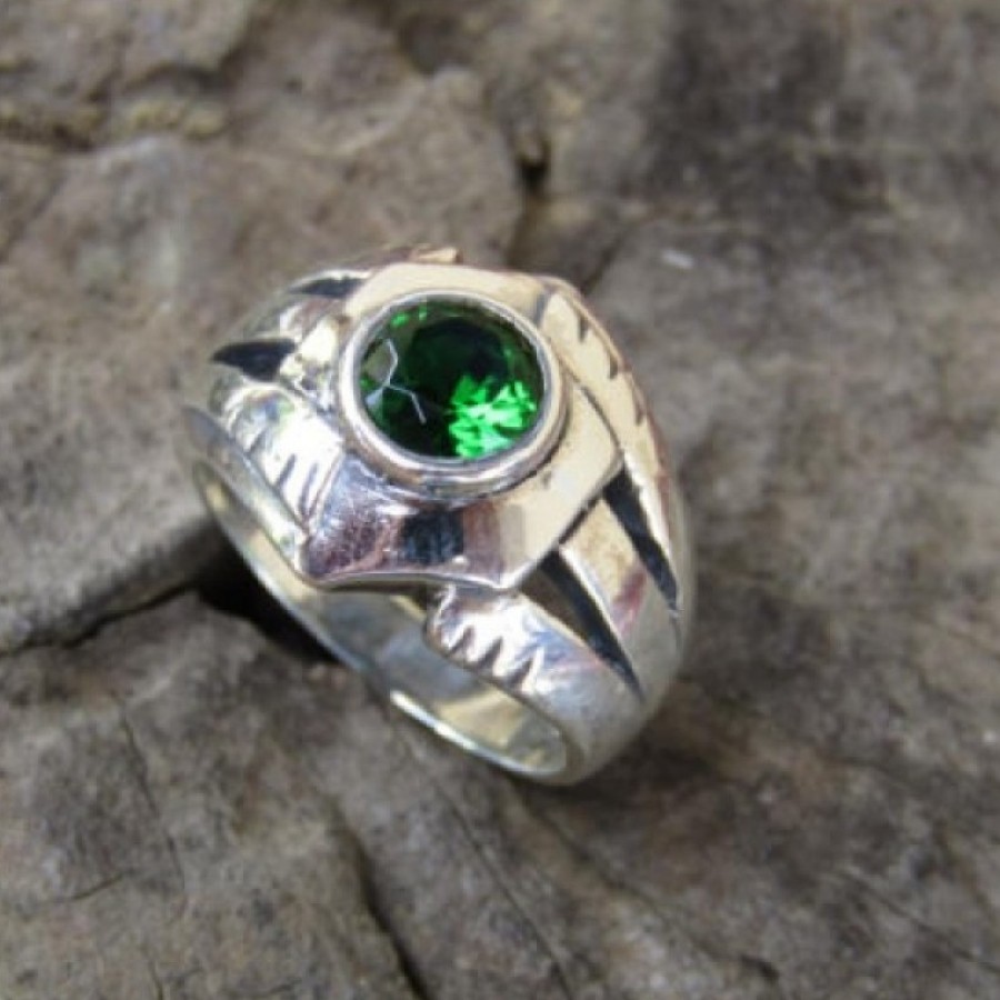 cincin perak motif simpel batu green quartz 100317